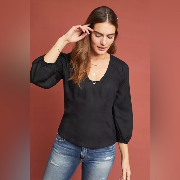 Maeve Anthropologie Becca Linen Blend Square Neck Puff Sleeve Blouse - Picture 1 of 11